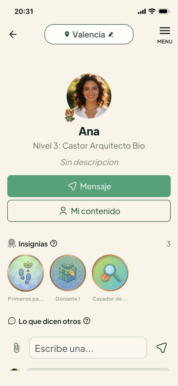 Perfil de usuario de la app Givore con insignias y niveles