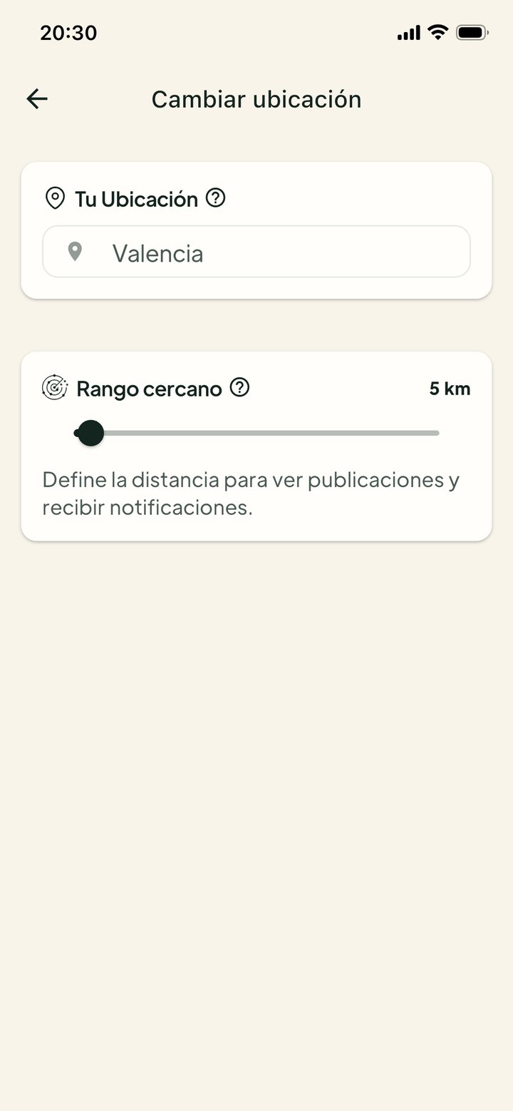 Ajustes de ubicación y radio de búsqueda de la app Givore
