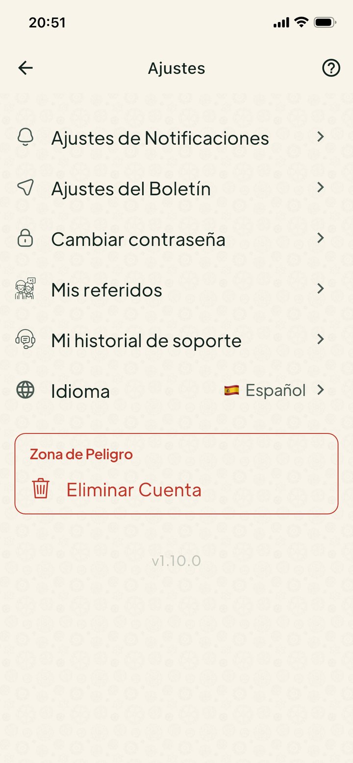 Pantalla de ajustes de la app Givore