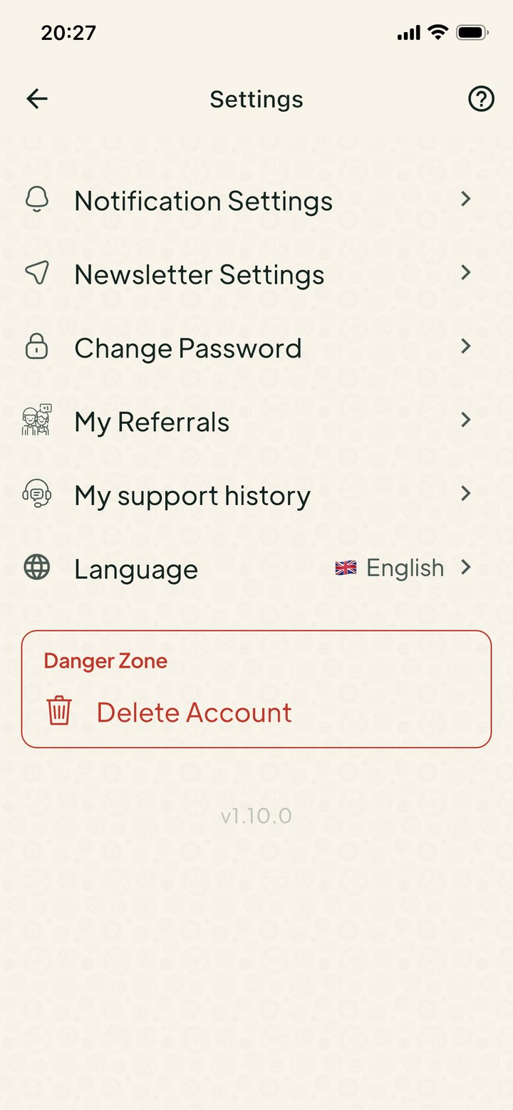 Givore app settings screen